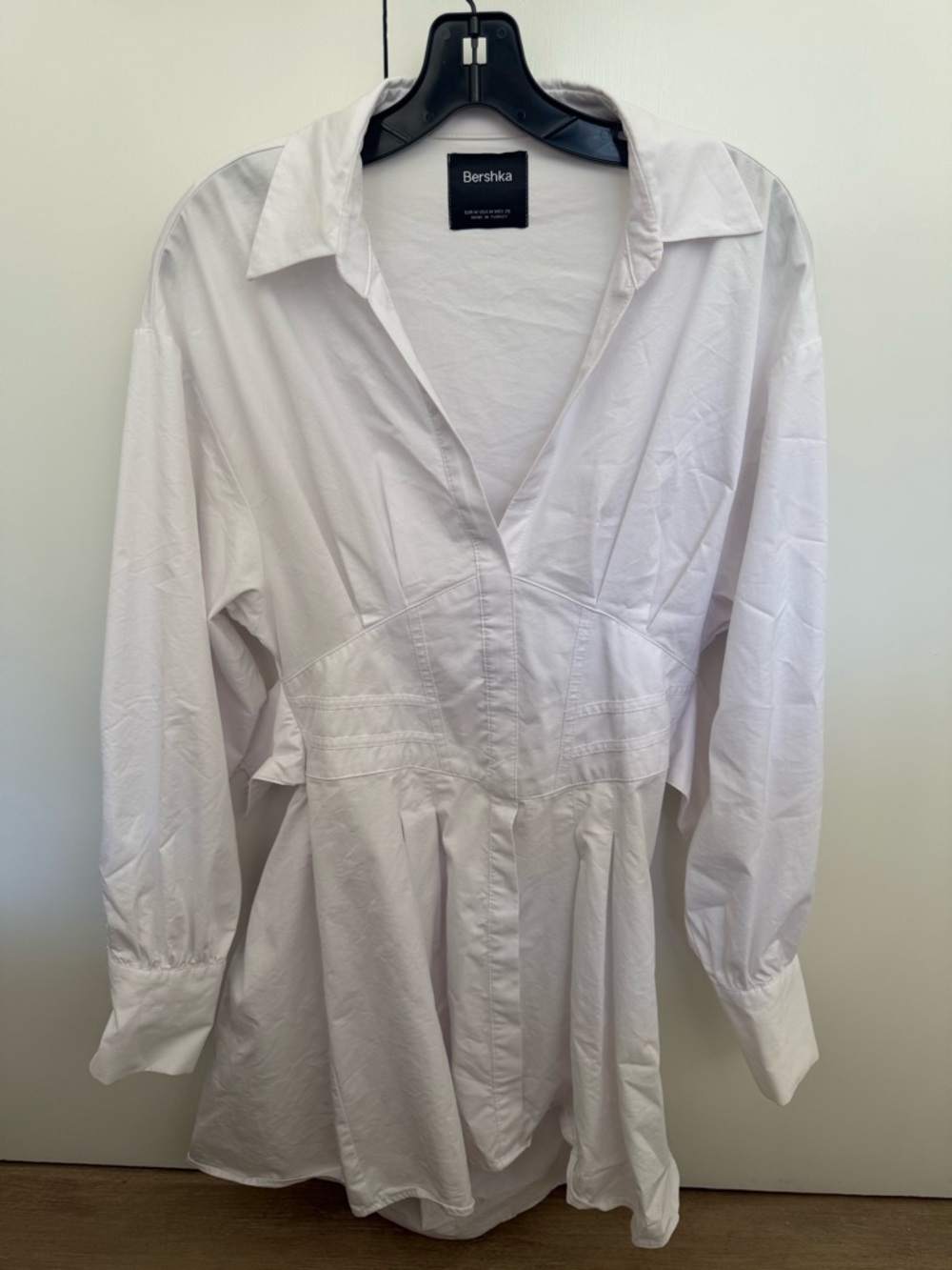 Bershka White Long-Sleeve Peplum Shirt Dress